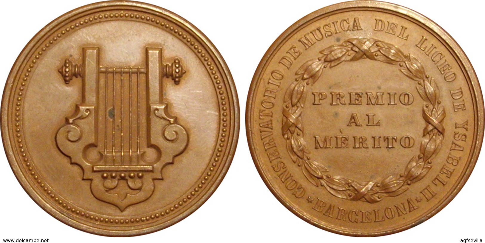 ESPAÑA. ISABEL II. MEDALLA PREMIO AL MÉRITO DEL CONSERVATORIO DE MÚSICA DEL LICEO DE BARCELONA. ESPAGNE. SPAIN MEDAL - Adel