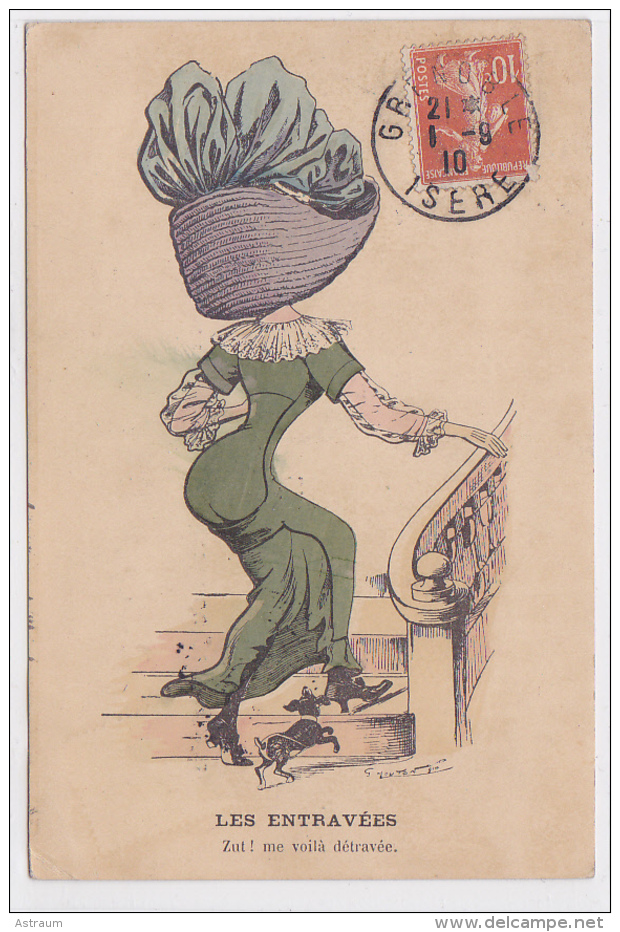 Cpa-illustrateur-mouton-les Entravées-femme Avec Grand Chapeau-mode - Autres & Non Classés