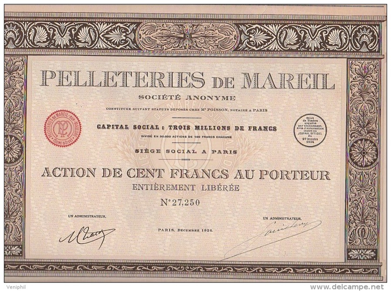 PELLETERIES DE MAREIL - ACTION DE 100 FRANCS -1924 - Sonstige & Ohne Zuordnung