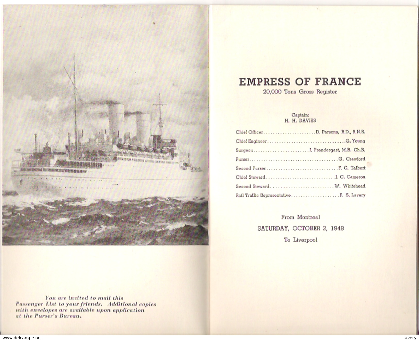 Canadian Pacific Passenger List Empress Of France From Montreal To Liverpool, England - World