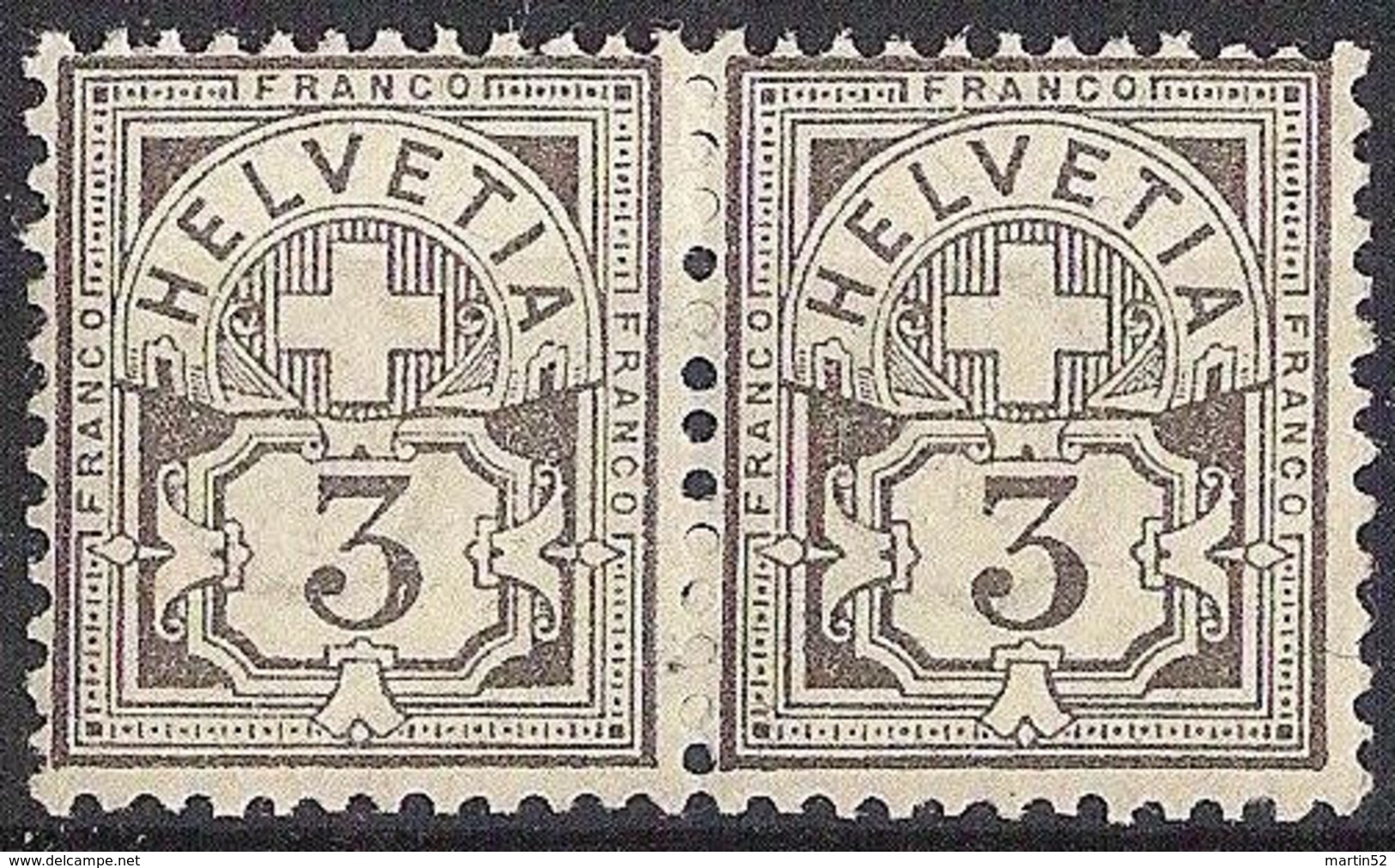 Schweiz Suisse 1894: Faserpapier Mêlée Zu 59B Mi 51Y Yv 64 - 3c Grau Im Paar * Mit Falz MLH (Zu CHF 10.00 Für *) - Unused Stamps