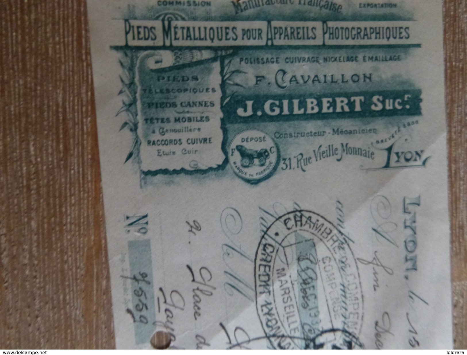 Gilbert Cavaillon Lyon 1932 Pieds Telescopiques Appareils Photo Place Change MArseille Timbre Fiscal Lettre De Change - Autres & Non Classés