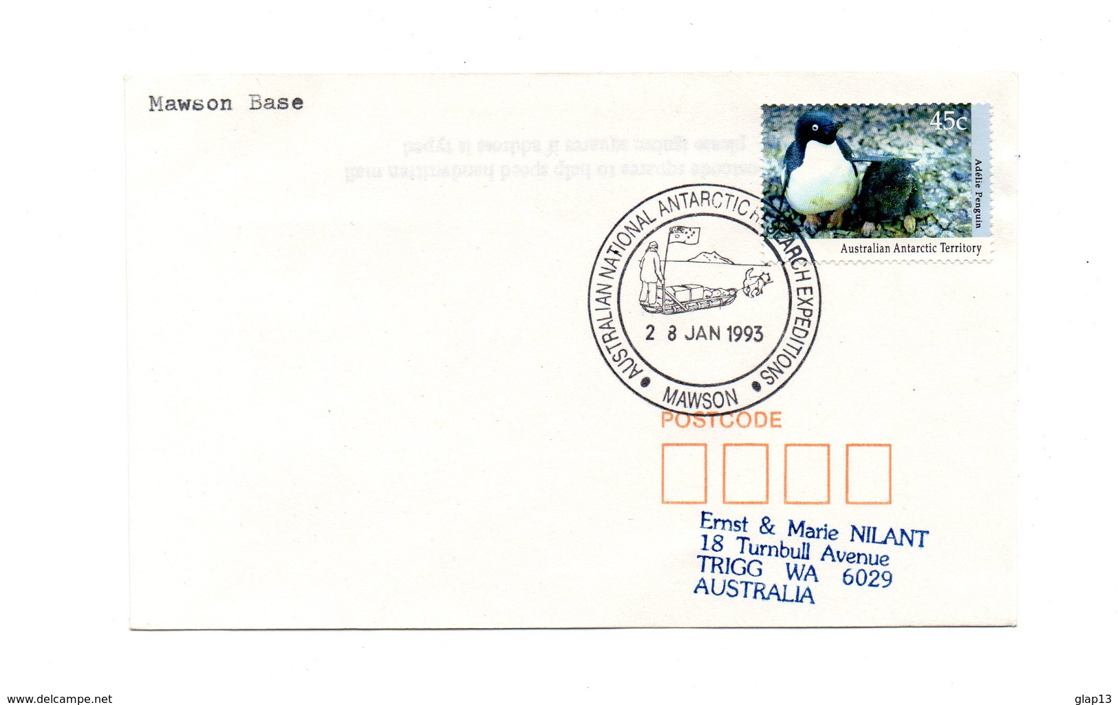 ENVELOPPE POLAIRE DU 28/01/1993  MAWSON BASE - Lettres & Documents