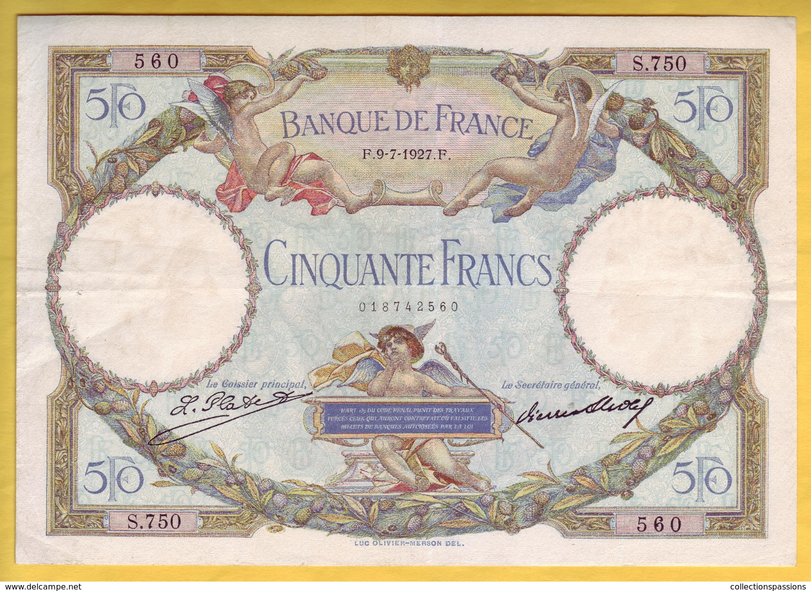 BILLET FRANCAIS - 50 Francs Luc Olivier Merson 9.7.1927 TTB+ - 50 F 1927-1934 ''Luc Olivier Merson''
