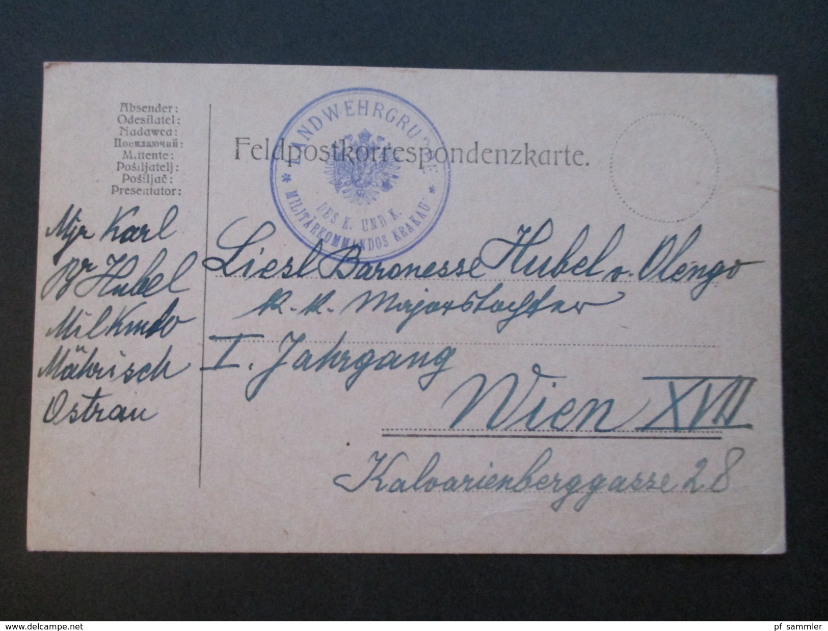 Österreich 1914/15 Felpost Korrespondenz Major Hubel von Olengo. Mährisch Ostrau / Krakau. Baronesse / K.u.K. Offizier