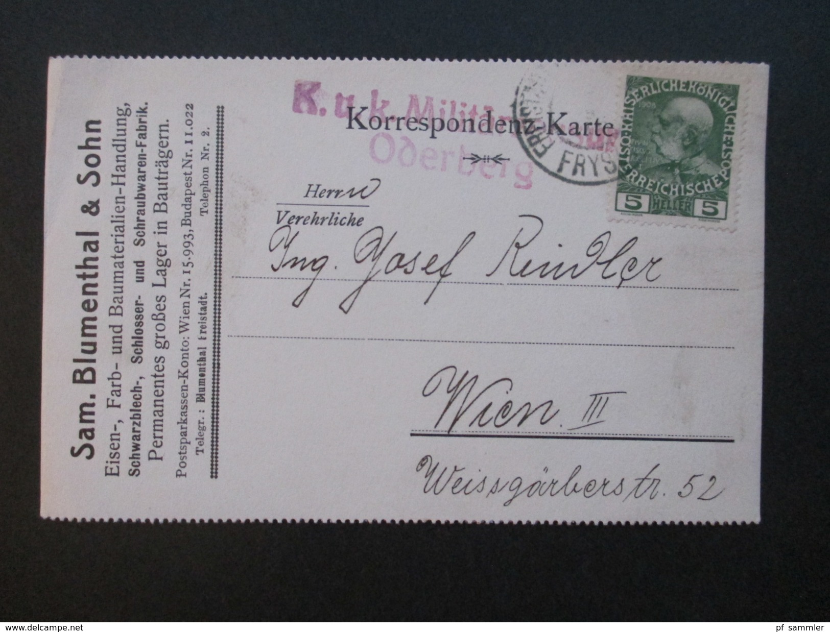 Österreich 1916 Postkarte K.u.K Militärzensur Oderberg. Sam. Blumenthal & Sohn. Freistadt / Frystadt. Schwarzblech Usw. - Briefe U. Dokumente