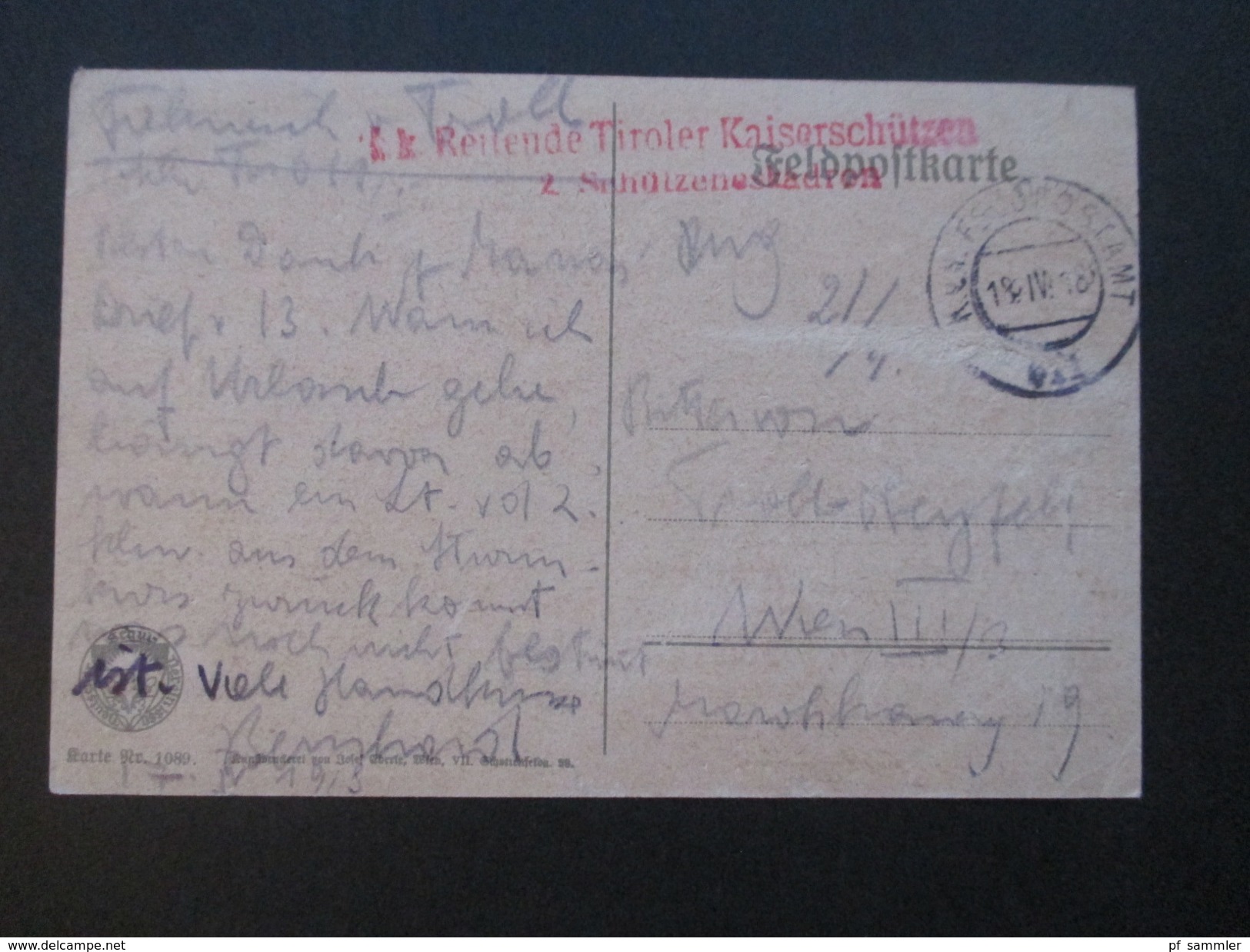 Österreich 1918 Postkarte K. F. Gsur. K.K. Reitenden Tiroler Kaiserschützen 2. Schützeneskadron - Briefe U. Dokumente