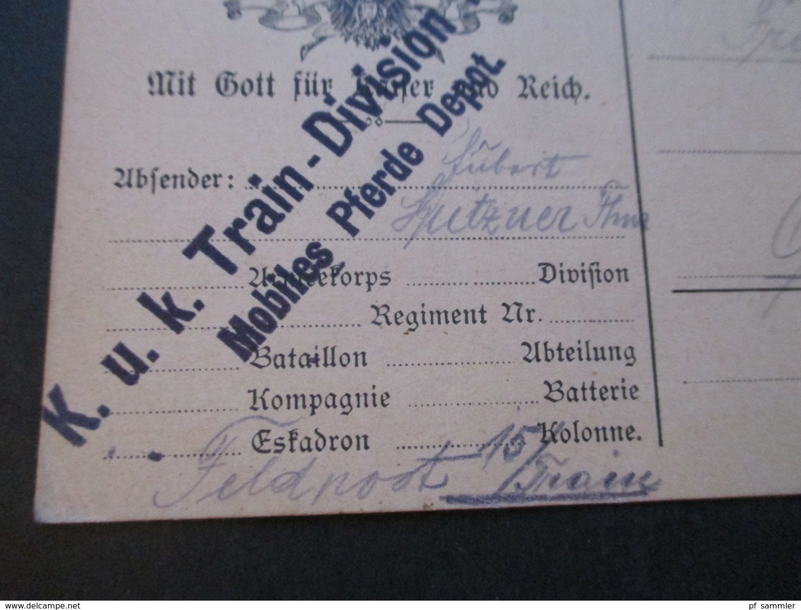 Österreich 1914 Feldpostkarte Mit Gott Für Kaiser Und Reich. K.u.K. Train Division Nr. 2 Mobiles Pferde Depot - Briefe U. Dokumente