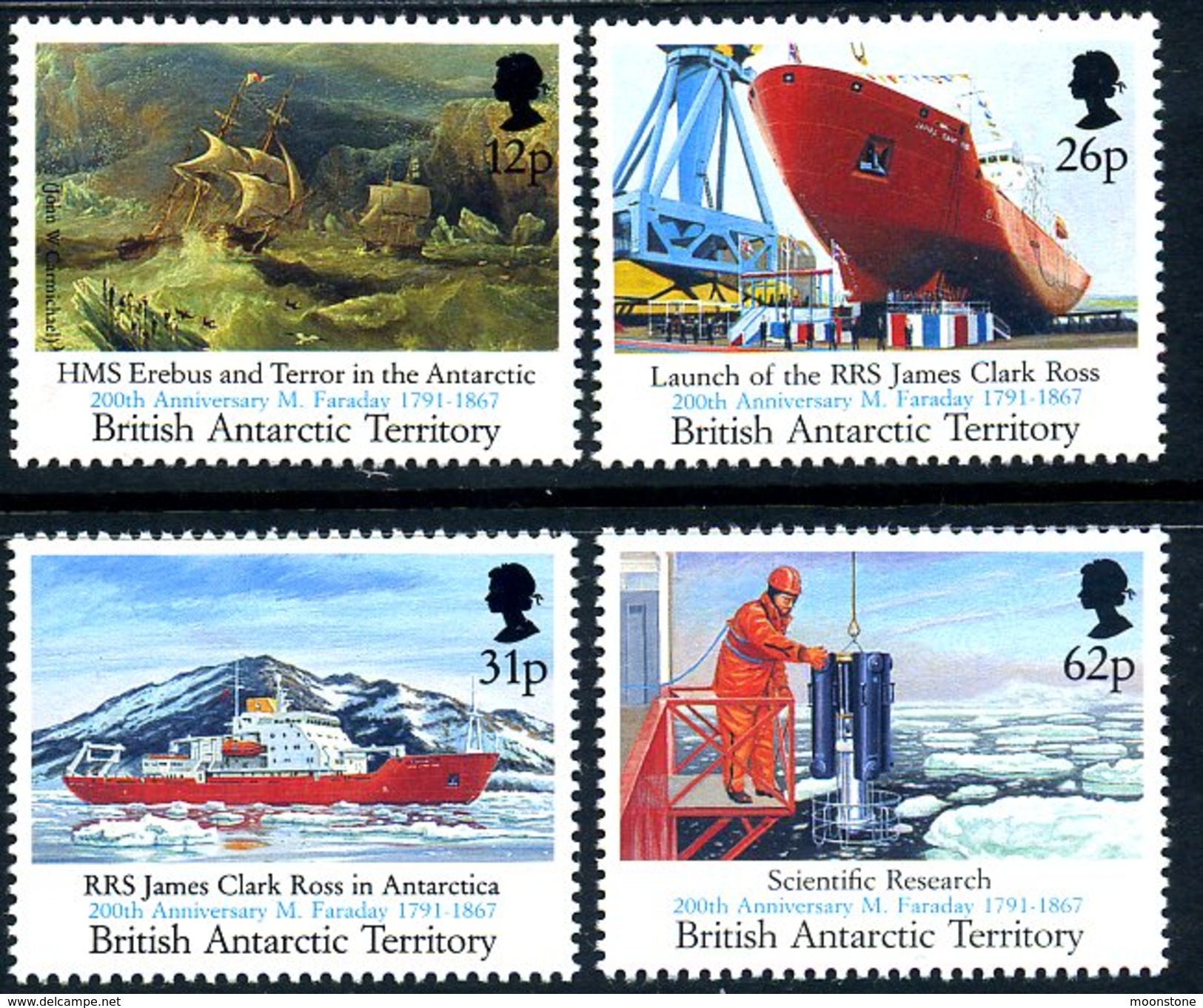 British Antarctic Territory BAT 1991 James Clark Ross Ship, Michael Faraday Inscription Set Of 4, MNH - Ongebruikt