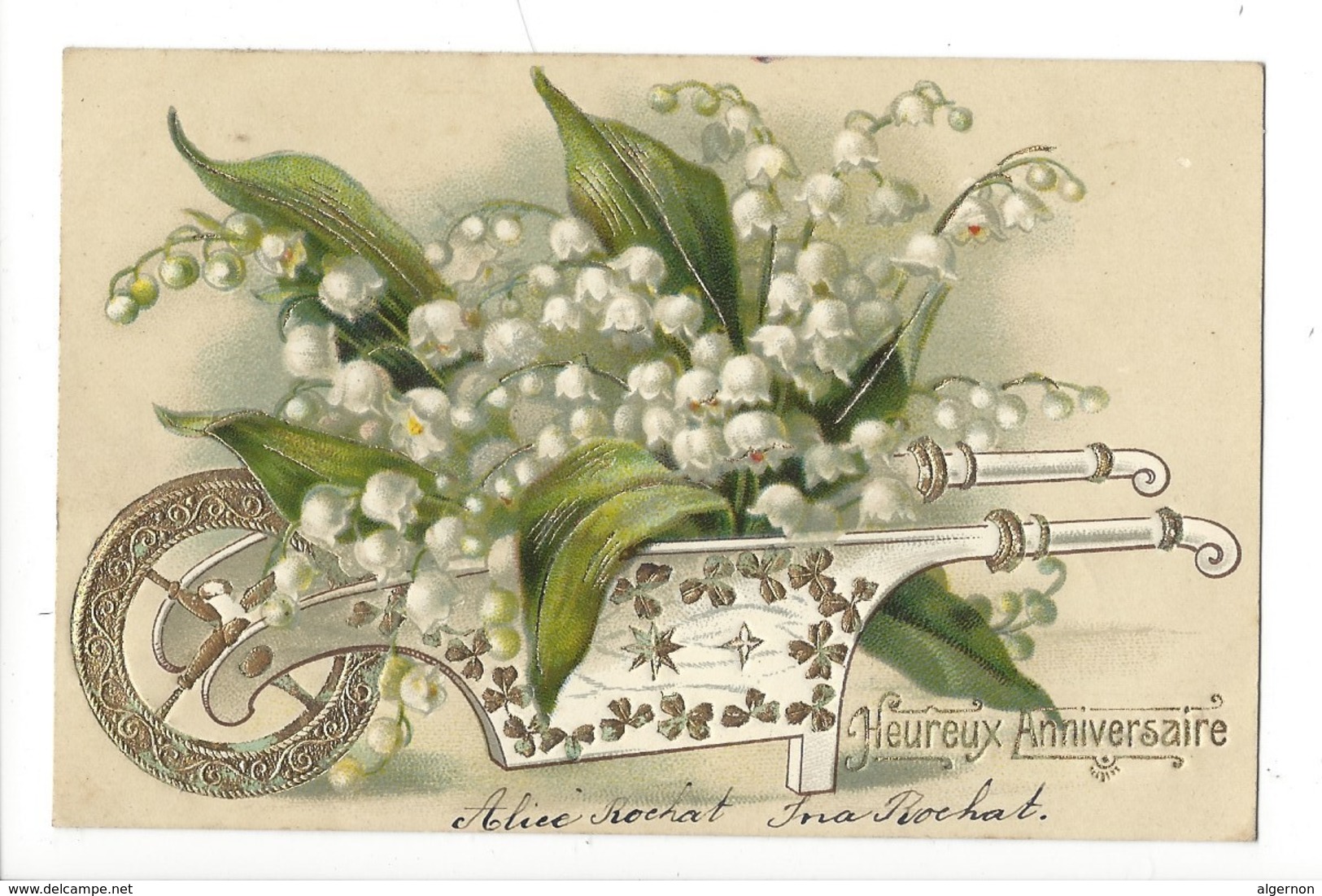 16086 - Heureux Anniversaire Superbe Brouette De Muguet Envoyée En 1905 Carte En Relief - Anniversaire