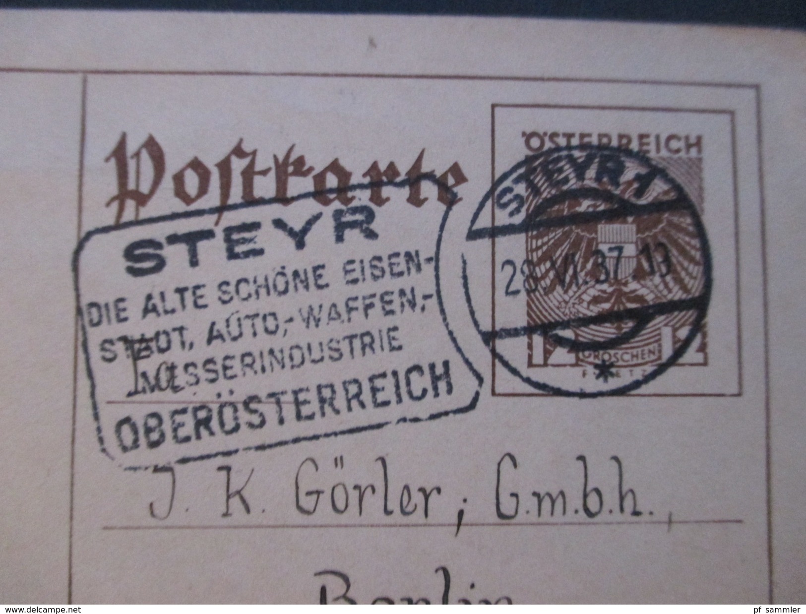 Österreich 1937 Postkarte / Ganzsache. Stempel:Steyr Die Schöne Eisenstadt, Auto- Waffen- Messerindustrie Oberösterreich - Covers & Documents