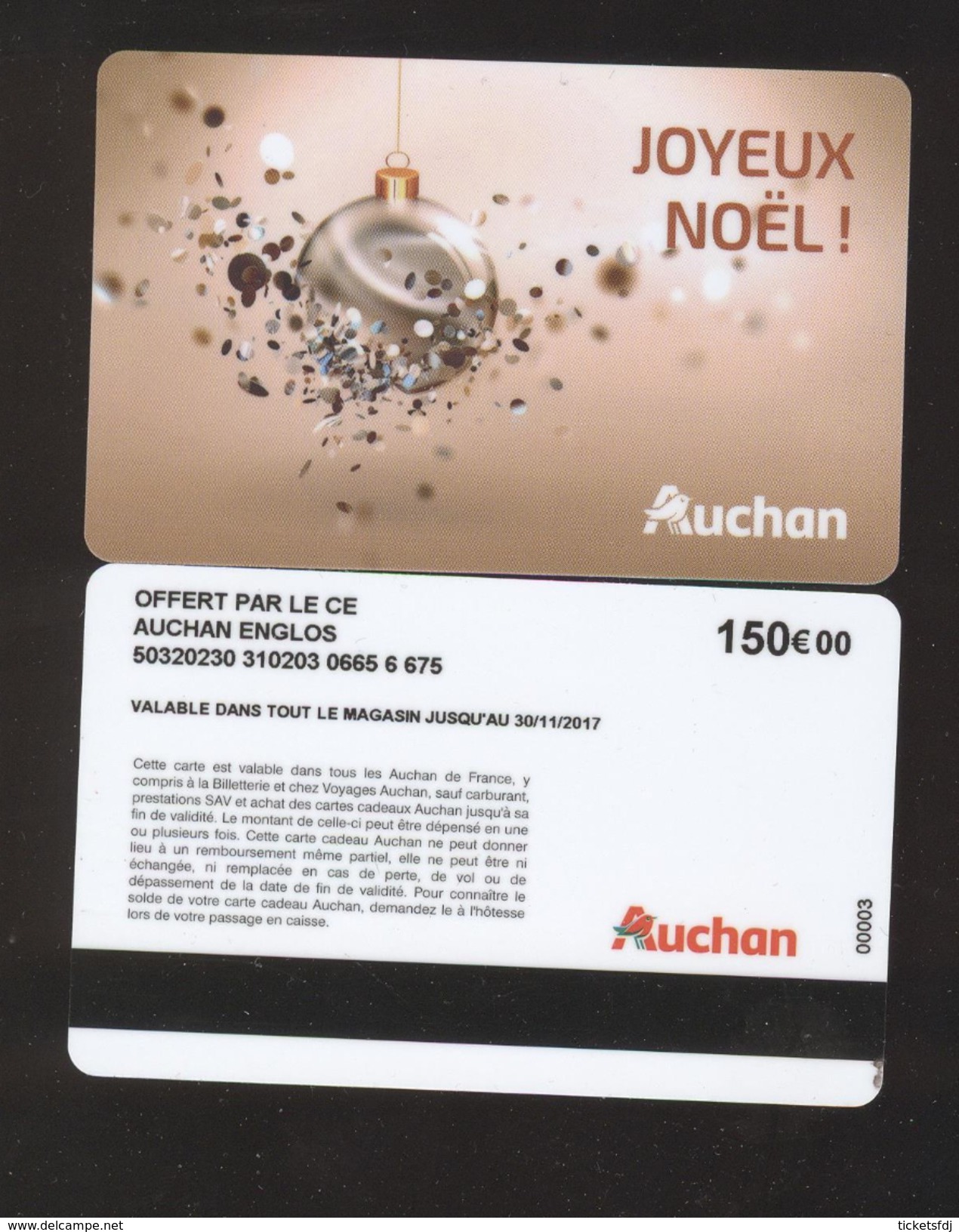 GIFT CARD - Carte Cadeau Auchan - JOYEUX NOEL - 150 &euro; - CE AUCHAN ENGLOS - Cartes Cadeaux