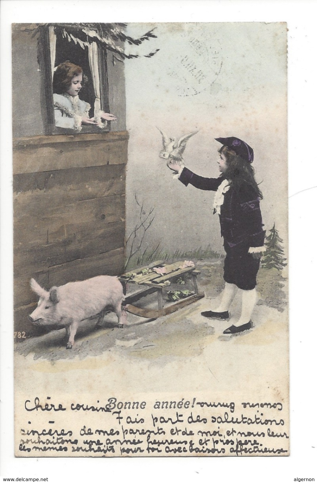 16093 - Bonne Année Jeune Homme Apportant Message à Fillette Luge Cochon Envoyée En 1904 - Nouvel An