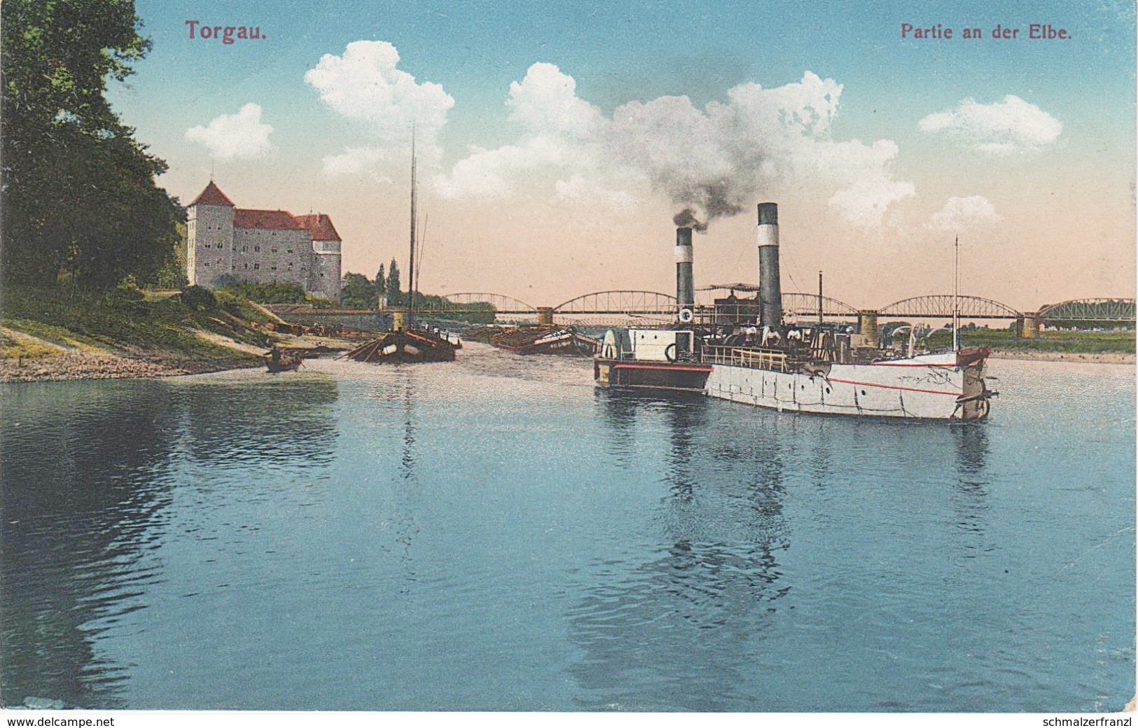 AK Torgau Blick Elbe Schloss Hartenfels Brücke Hafen Schiff Schlepper Lastkahn Fähre Bei Belgern Mockrehna Werdau Grimma - Torgau