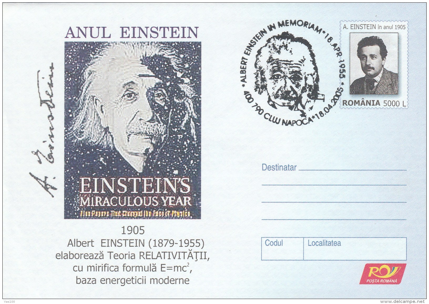 #BV6487  ALBERT EINSTEIN,SCIENTIST,COVER STATIONERY,OBLITERATION CONCORDANTE, 2005,ROMANIA. - Albert Einstein