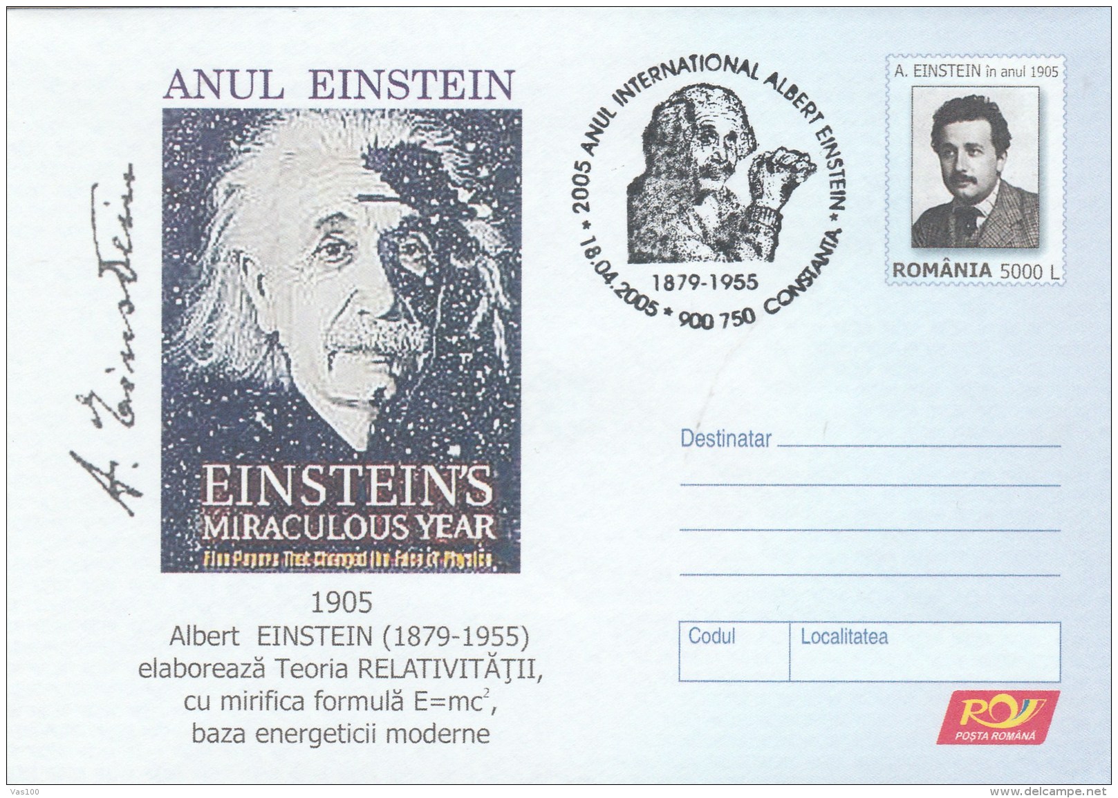 #BV6489 ALBERT EINSTEIN,SCIENTIST,COVER STATIONERY,OBLITERATION CONCORDANTE, 2005,ROMANIA. - Albert Einstein