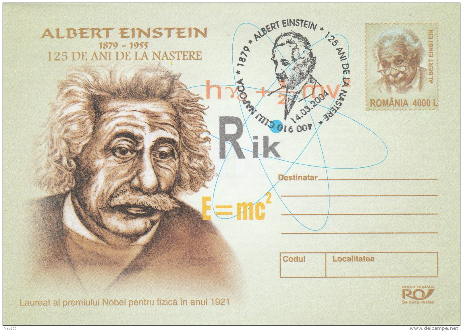 #BV6490 ALBERT EINSTEIN,SCIENTIST,COVER STATIONERY,OBLITERATION CONCORDANTE, 2004,ROMANIA. - Albert Einstein
