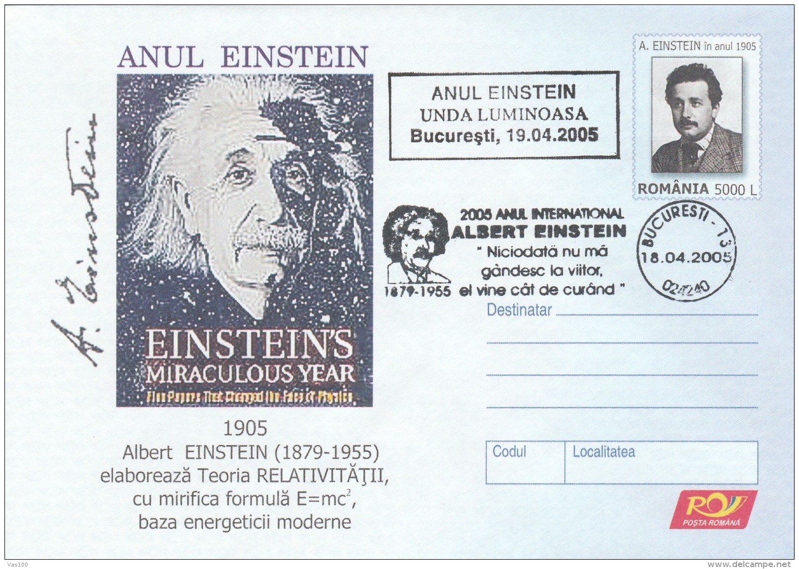 #BV6492 ALBERT EINSTEIN,SCIENTIST,COVER STATIONERY,OBLITERATION CONCORDANTE, 2005,ROMANIA. - Albert Einstein