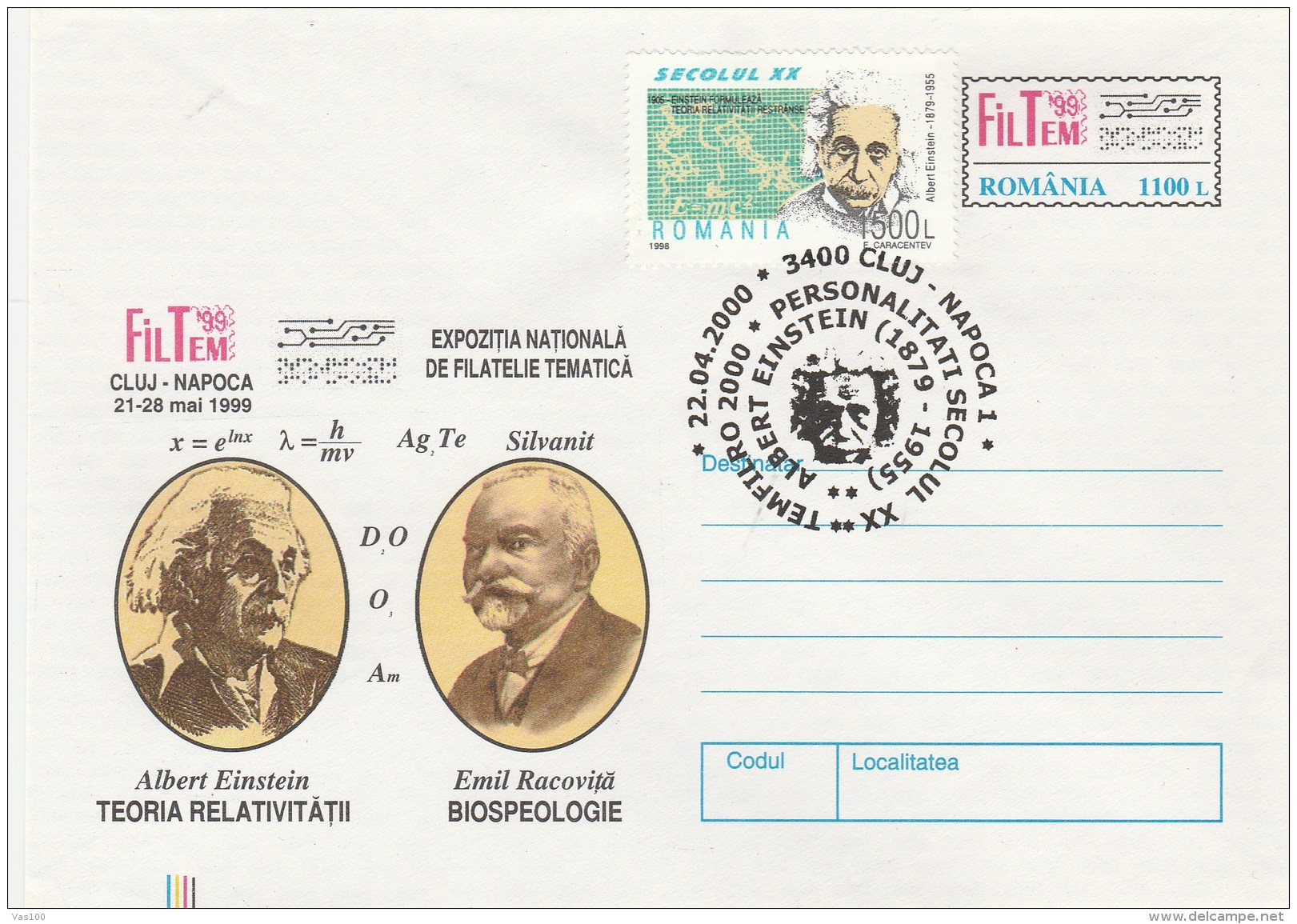 #BV6501 ALBERT EINSTEIN,EMIL RACOVITA,SCIENCE,COVER STATIONERY WITH STAMPS, OBLITERATION CONCORDANTE,1999,ROMANIA. - Albert Einstein