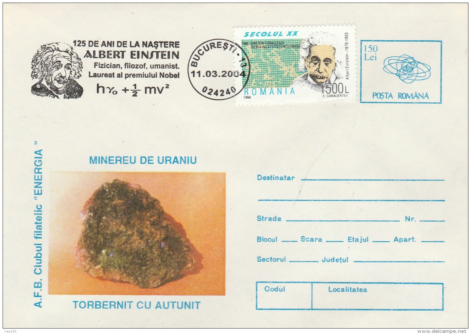 #BV6514  ALBERT EINSTEIN, MINING, URANIUM,COVER STATIONERY WITH STAMP,OBLITERATION CONCORDANTE,1996,ROMANIA. - Albert Einstein