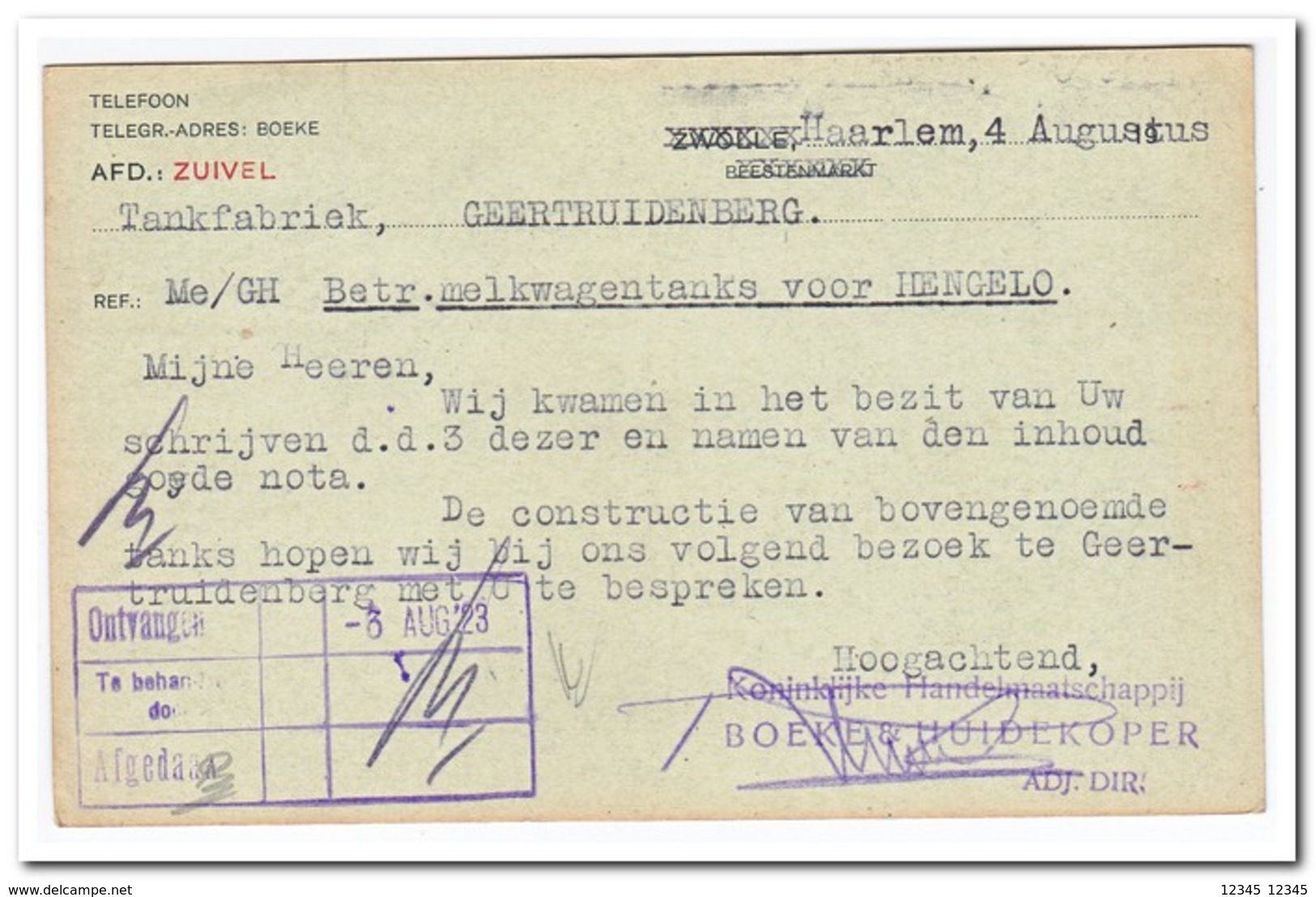 Brief Haarlem Naar Geertruidenberg Stempel Haarlem-Frans-Halsstraat -4.VIII.4n 1923 ( Boeke & Huidekoper Kon. Handelm.) - Brieven En Documenten