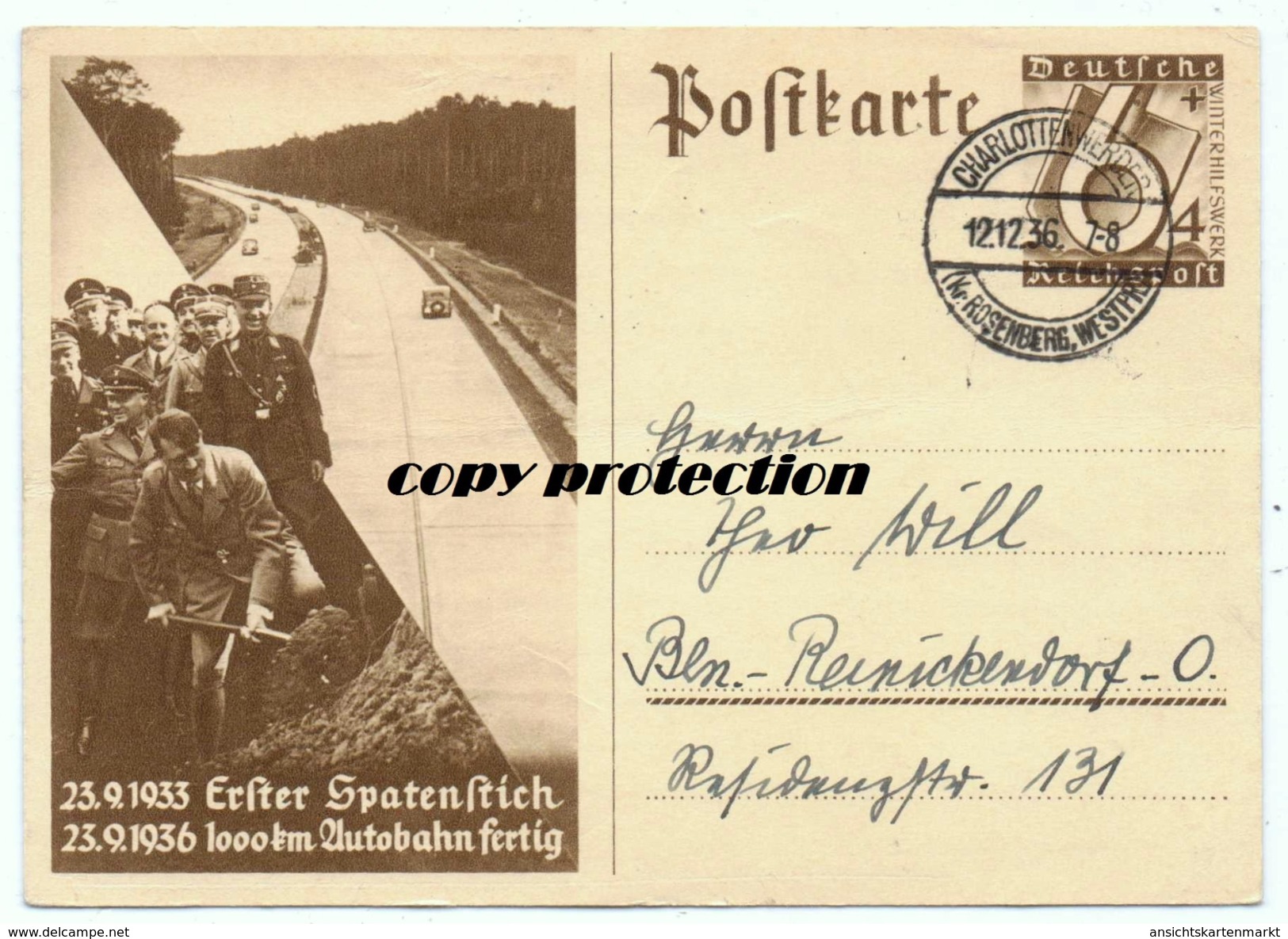 Postkarte 1936, Erster Spatenstich Autobahn 1933, Bau Bis 1936, Ganzsache 6+4 Winterhilfswerk, Stempel Charlottenwerder - Sonstige & Ohne Zuordnung