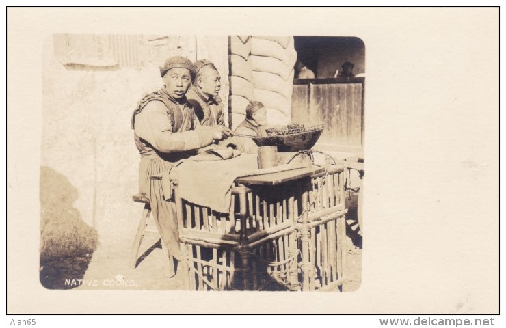 'Native Cooks' Asian Men Prepare Food Unknown Location, C1910s/20s Vintage Real Photo Postcard - Asia