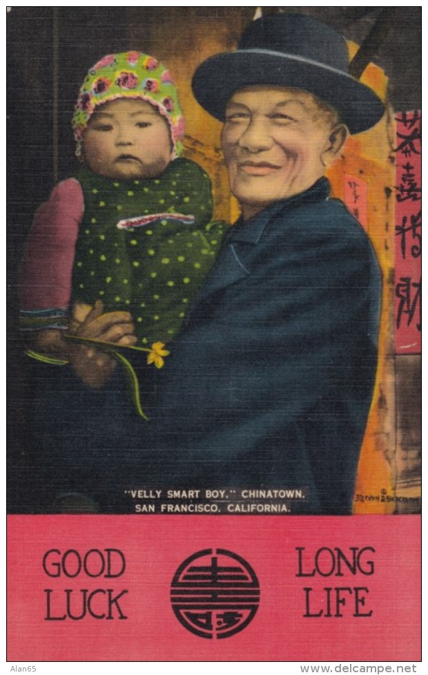 China Man With Boy, Chinatown San Francisco California, Chinese Immigrants In US, C1940s Vintage Linen Postcard - Asia