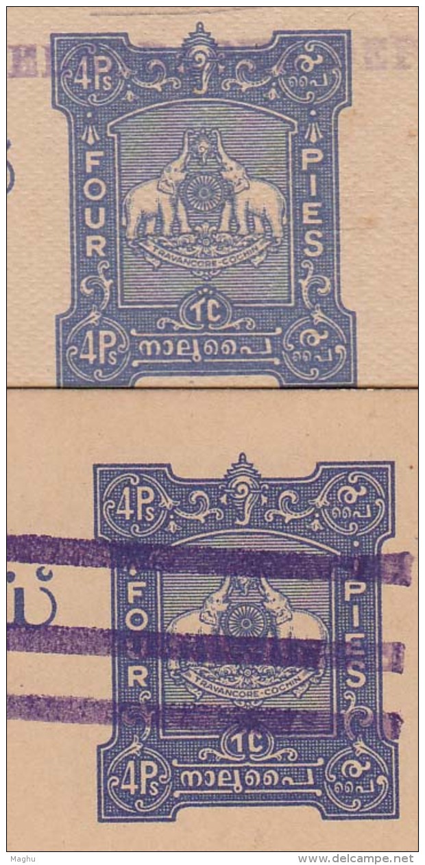 2 Diff., Varities Of Voilet Markings, Shade Vrities,  Unused Travancore Cochin Postcard Elephant, Coneshell, Brit. India - Travancore-Cochin