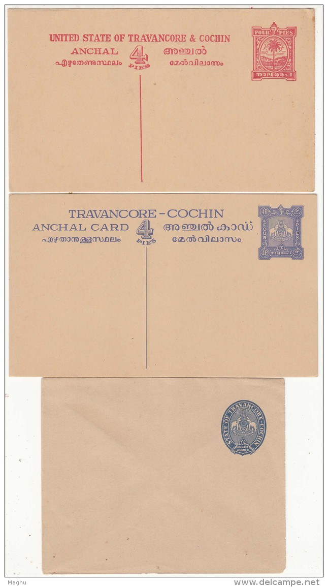 Travancore Cochin, 3 Diff., Unused Postal Stationery, Postcard &amp; Envelope, Motif Coconut Tree &amp; Elephant, Br Ind - Travancore-Cochin