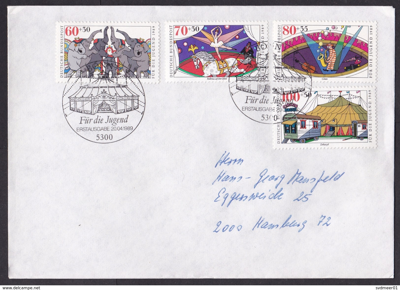 Germany: Cover, 1989, 4 Charity Stamps, First Day Cancel, Circus, Clown, Elephant, Horse, Artist (traces Of Use) - Brieven En Documenten