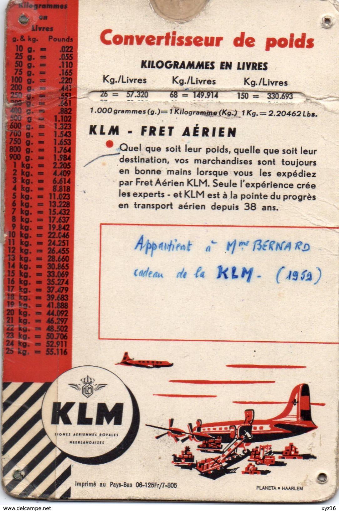 Convertisseur De Poids KLM _ FRET AERIEN 1959 - Pubblicità