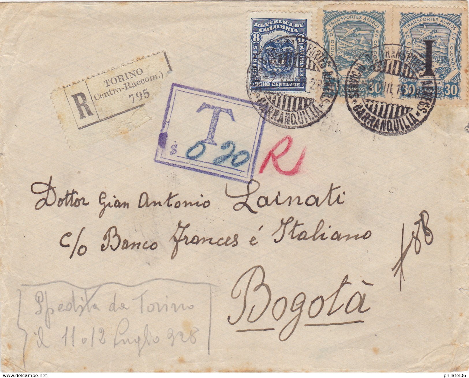 ITALIE  LETTRE PARTIE DE TURIN AVEC LE SERVICE AERIEN DE L'AMBASSADE DE COLOMBIE  1928 - Marcophilia (AirAirplanes)