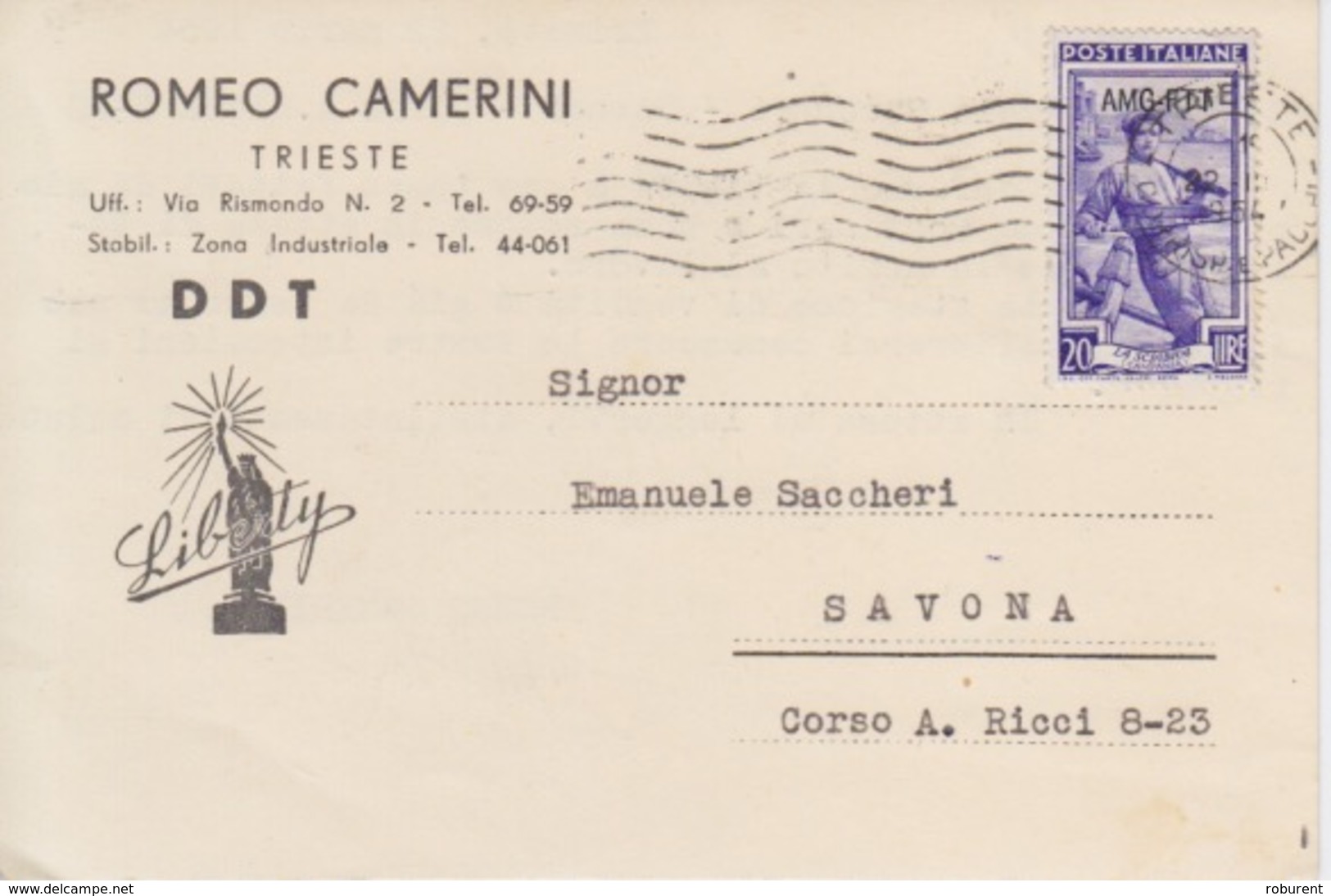CARTOLINA PUBBLICITARIA  - "D.D.T." - ROMEO CAMERINI - TRIESTE - FRANCOBOLLO LIRE 20 AMG-FTT - Pubblicitari