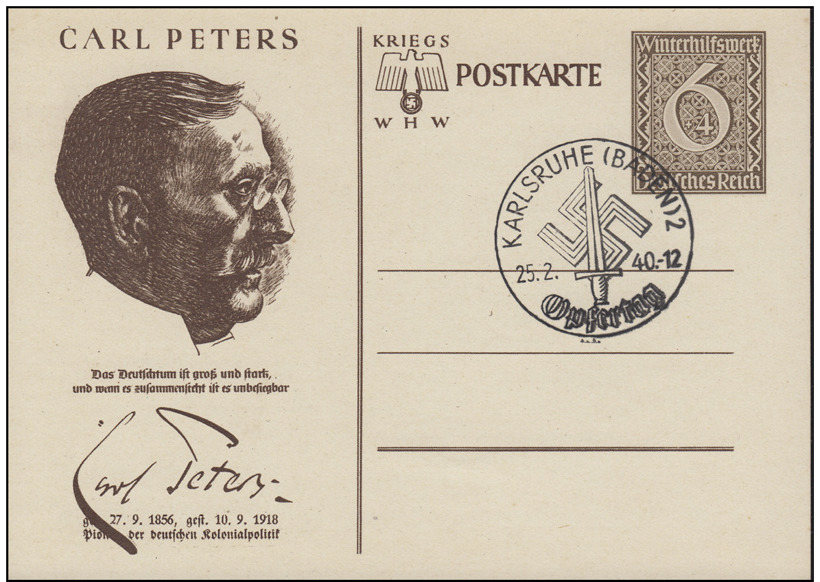 Sonderpostkarte P 285/06 WHW Carl Peters, Blanko-SSt KARLSRUHE Opfertag 25.2.40 - Sonstige & Ohne Zuordnung