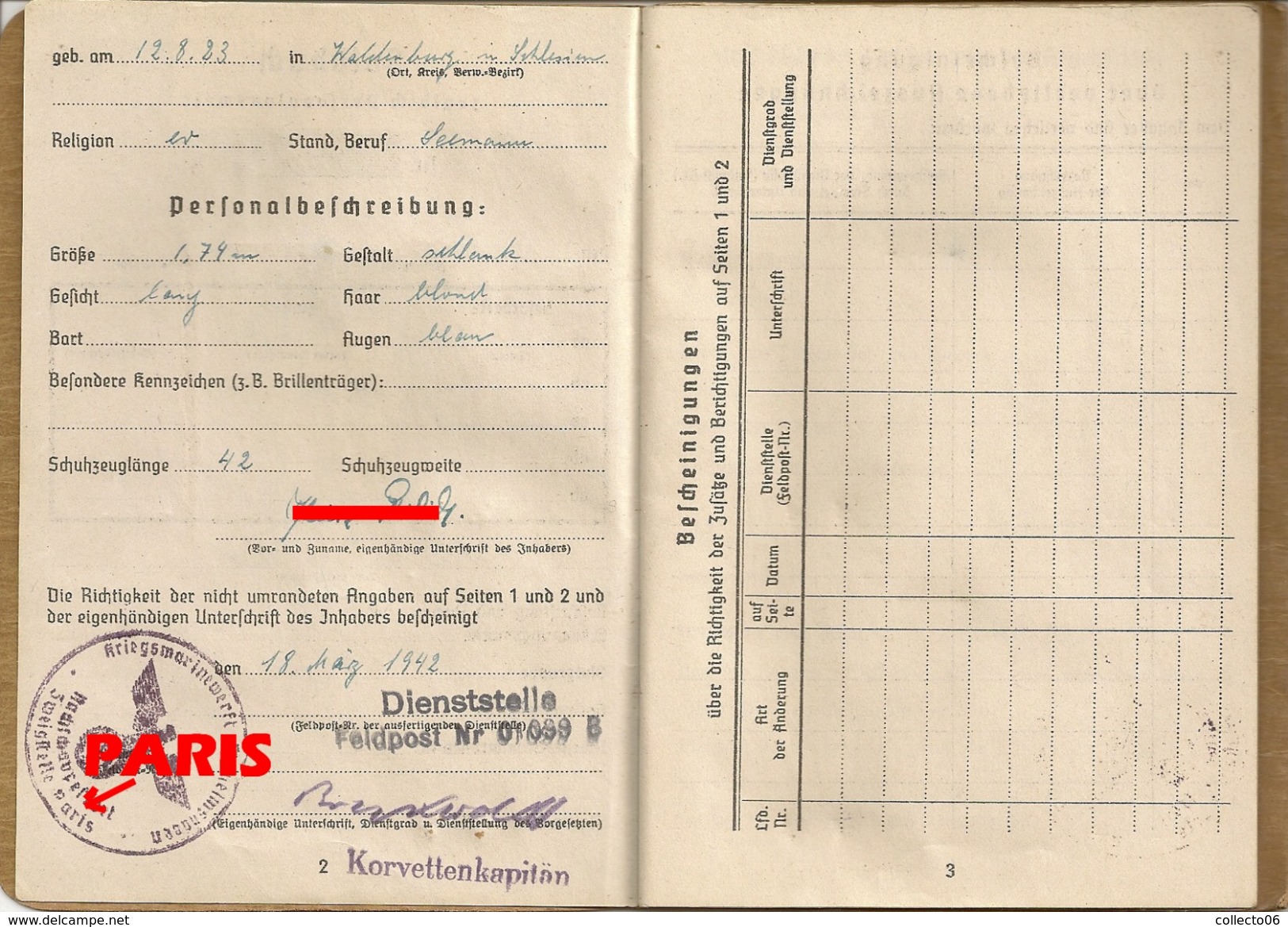 Soldbuch Gebührnisburg Dienst Ausweis Kriegsmarine Paris 1942 - Documenti Storici