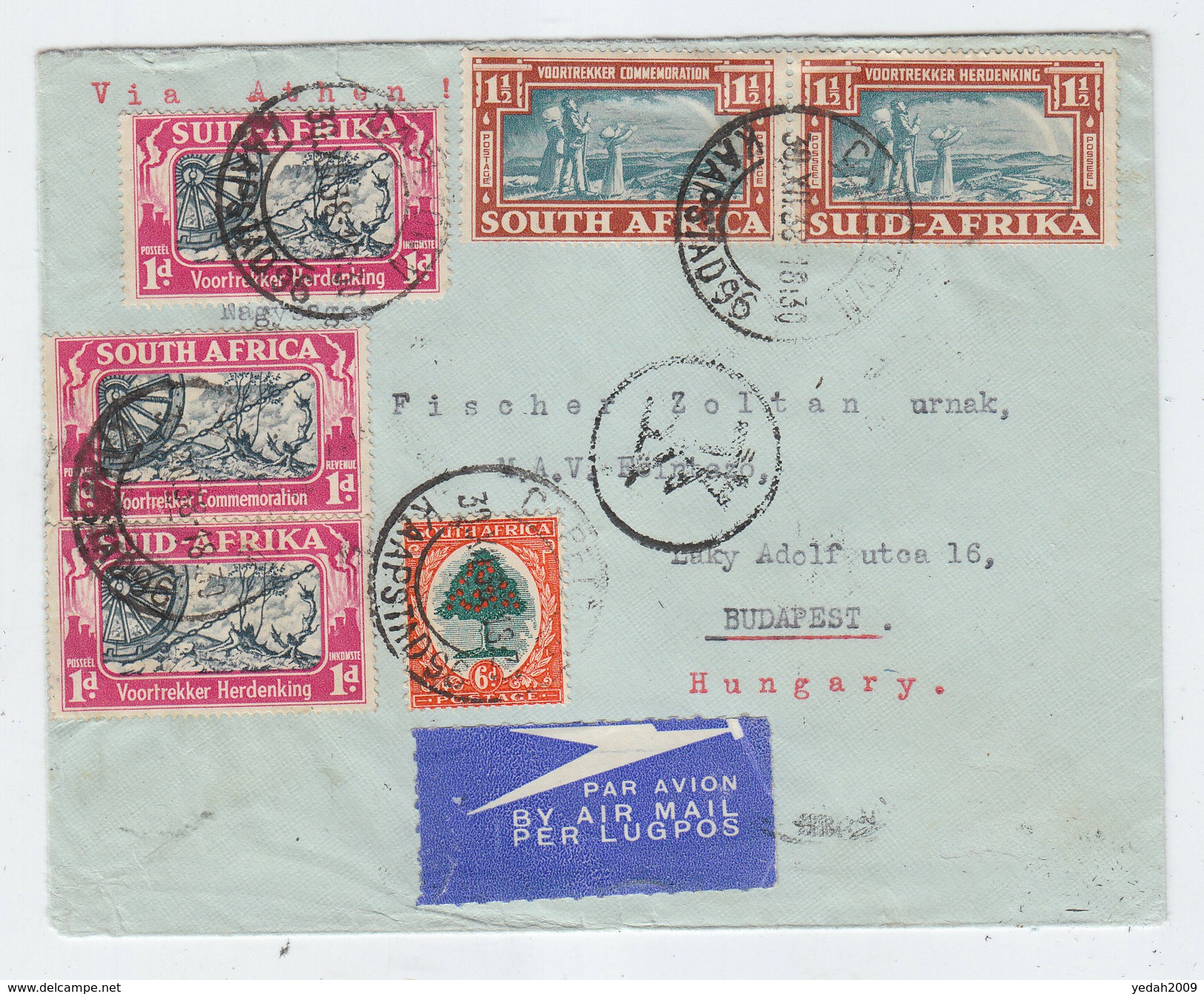 South Africa/Hungary AIRMAIL COVER GREEK CENSORED 1939 - Poste Aérienne