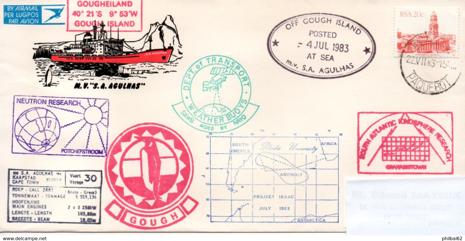 Polaire Antarctique, RSA. Navire Agulhas. Gough Island 4-07-1983. Nombreux Cachets. - Navires & Brise-glace