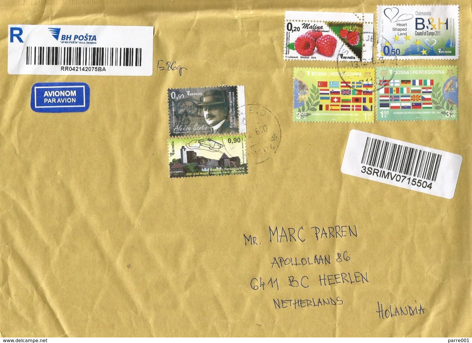 Bosnia Herzegovina 2016 Sarajevo Berries Europe Council Aleksa &Scaron;anti&#x107; Poet Castle Barcoded Registered Cover - Bosnië En Herzegovina