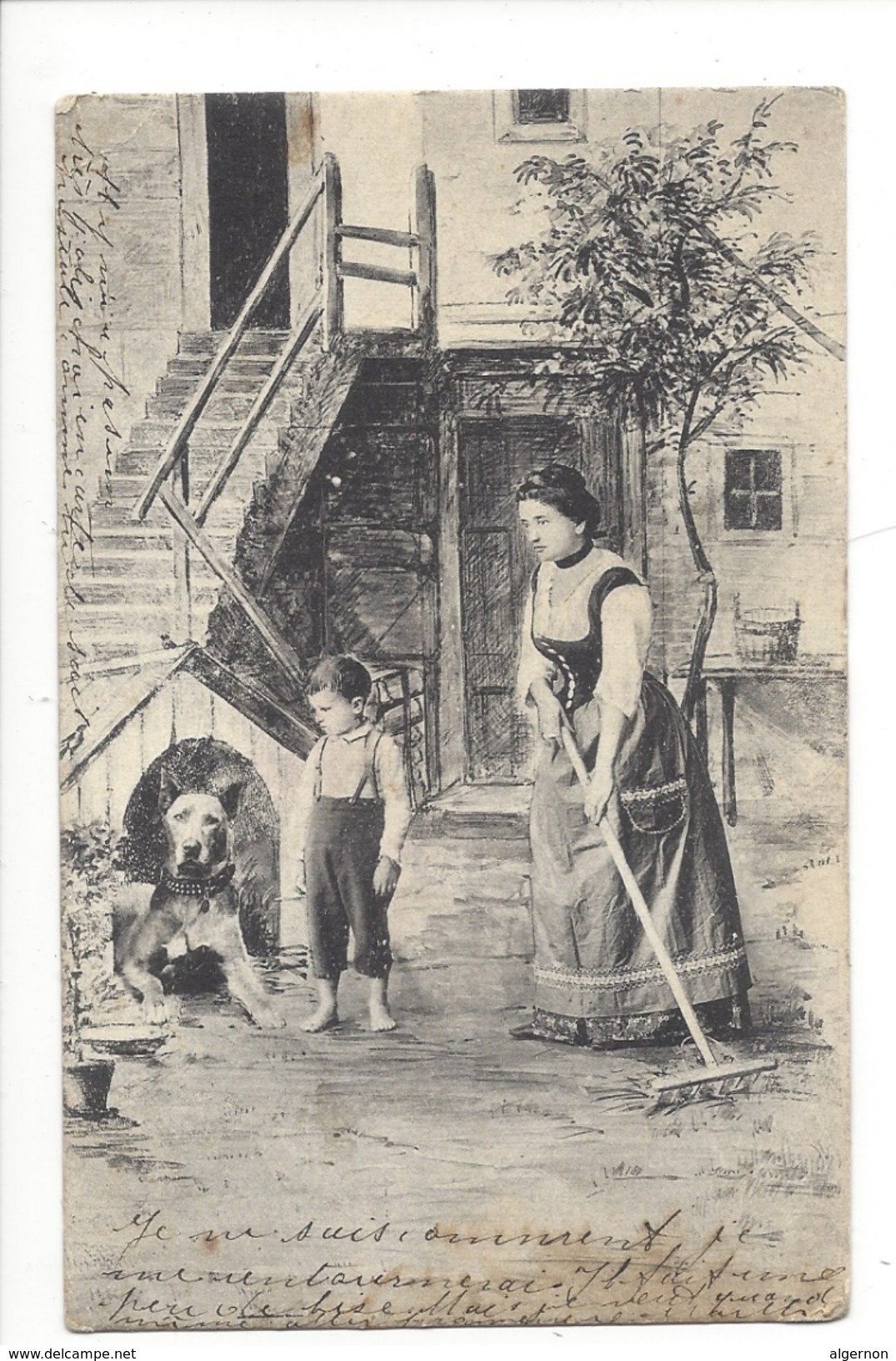 16113 - Femme Au Râteau Enfant Et Chien Envoyée En 1904 - Autres & Non Classés