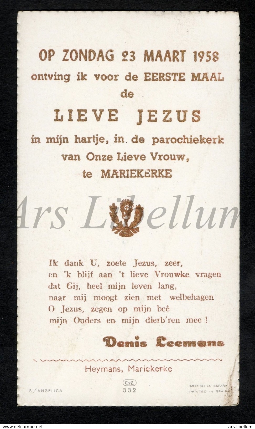 Communieprentje / Communie / Communion / Confirmation / 2 Scans / 1958 / Denis Leemans / Mariekerke / Bornem - Communion