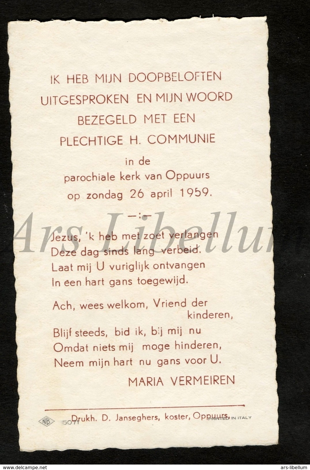 Communieprentje / Communie / Communion / Confirmation / 2 Scans / 1959 / Maria Vermeiren / Oppuurs - Communion