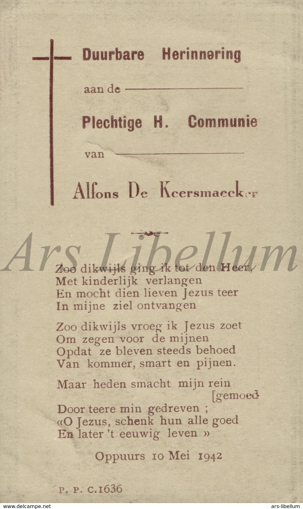 Communieprentje / Communie / Communion / Confirmation / 2 Scans / 1942 / Alfons De Keersmaecker / Oppuurs - Communie