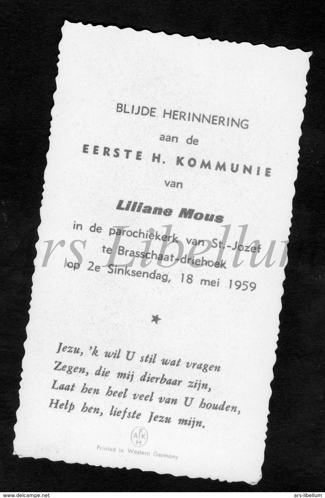 Communieprentje / Communie / Communion / Confirmation / 2 Scans / 1959 / Liliane Mous / Brasschaat / Driekhoek - Communie