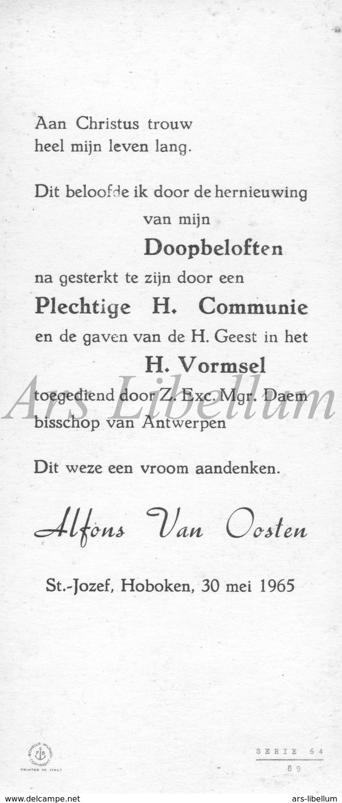 Communieprentje / Communie / Communion / Confirmation / 2 Scans / 1965 / Alfons Van Oosten / Hoboken - Communion