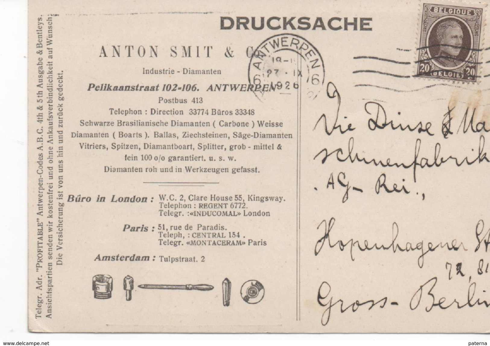 3080  Tarjeta Privada Antwerpen  1926 Belgica - Cartas & Documentos