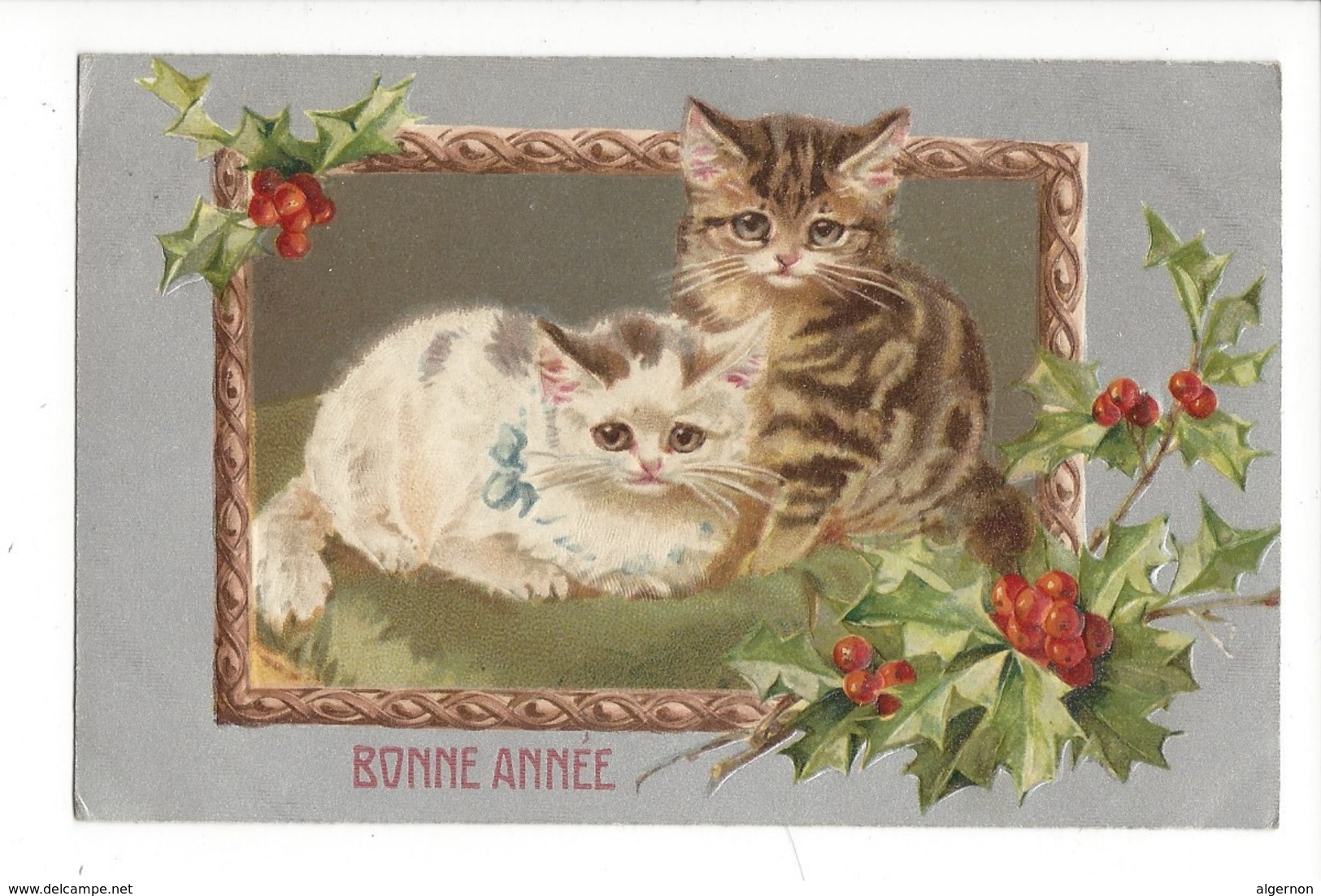 16127 -  Bonne Année Deux Chats Et Houx Carte En Relief - Nouvel An