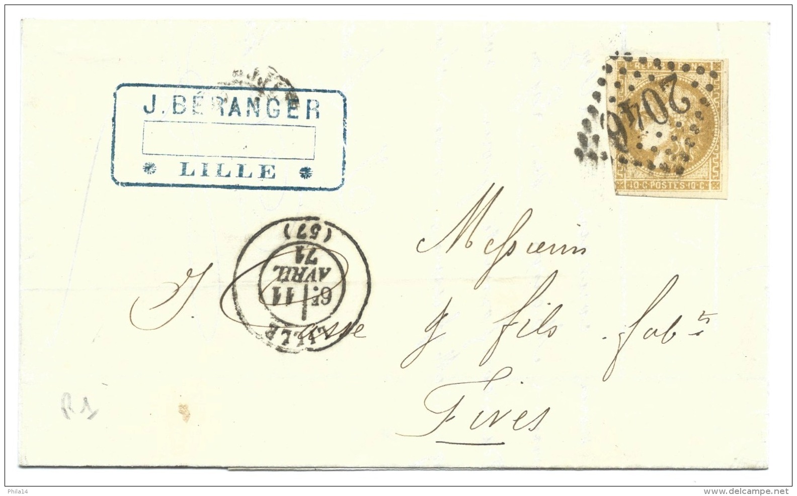 N° 43 CERES 10c BISTRE SUR LETTRE  LILLE NORD  POUR  FIVES  1871 - 1849-1876: Periodo Classico