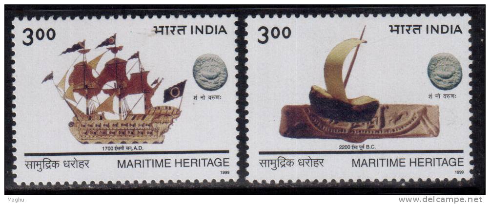 India MNH 1999, Set Of 2, Maritime Heritage, History, Terractta Model Boat Lothal 2200 B.C. & Sailing Ship Of Kanhoj - Neufs