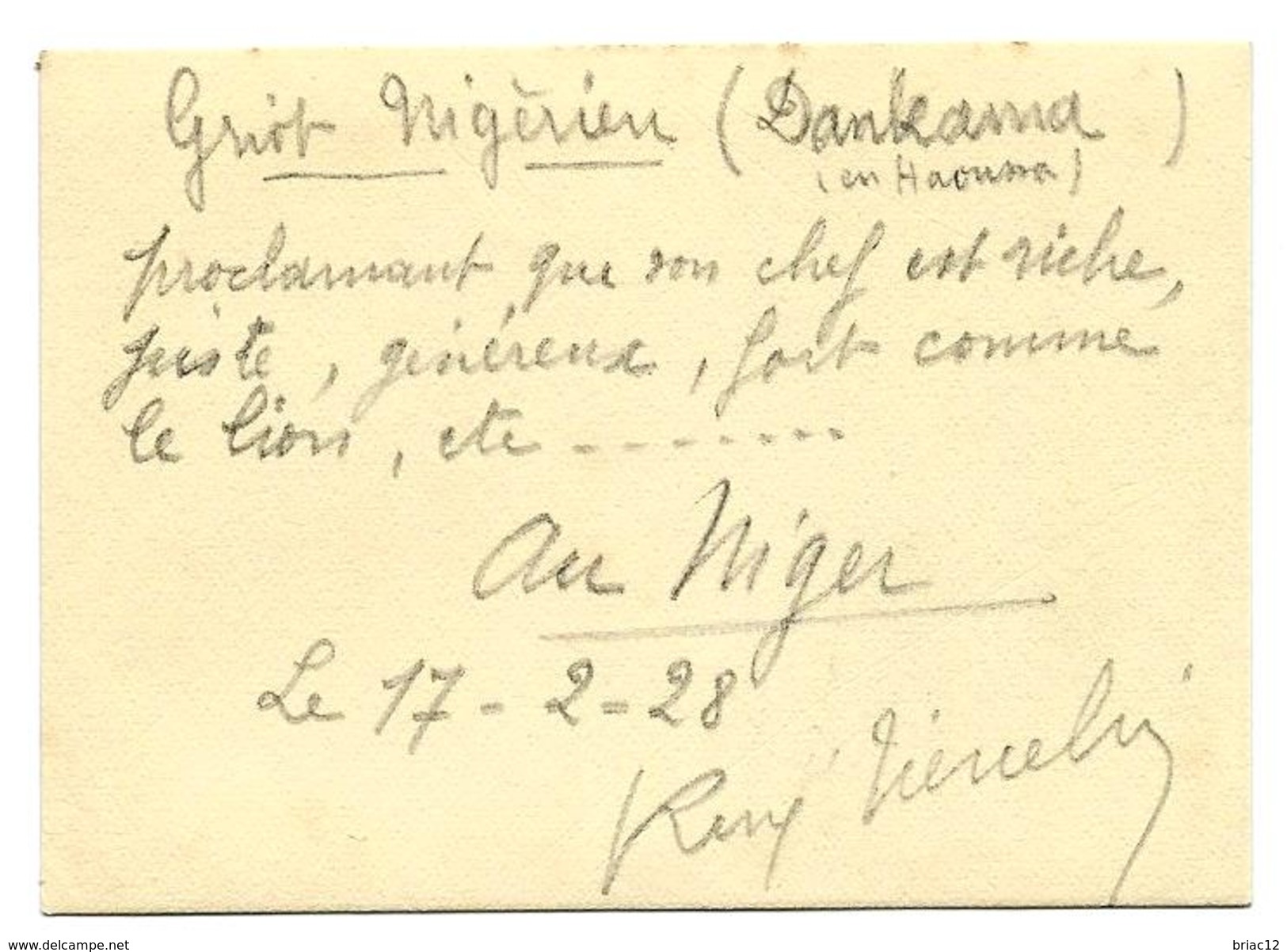 NIGER - Griot Nigérien "Dankama En Haoussa" Signée Et Datée  Du 17/02/1928 - Africa